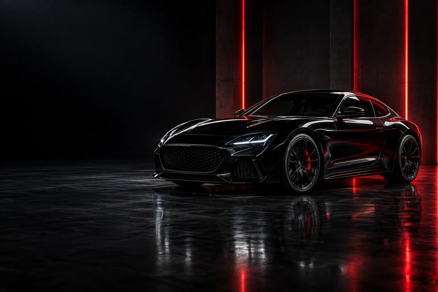 Illustrative black sports coupe under red lighting in a dark studio