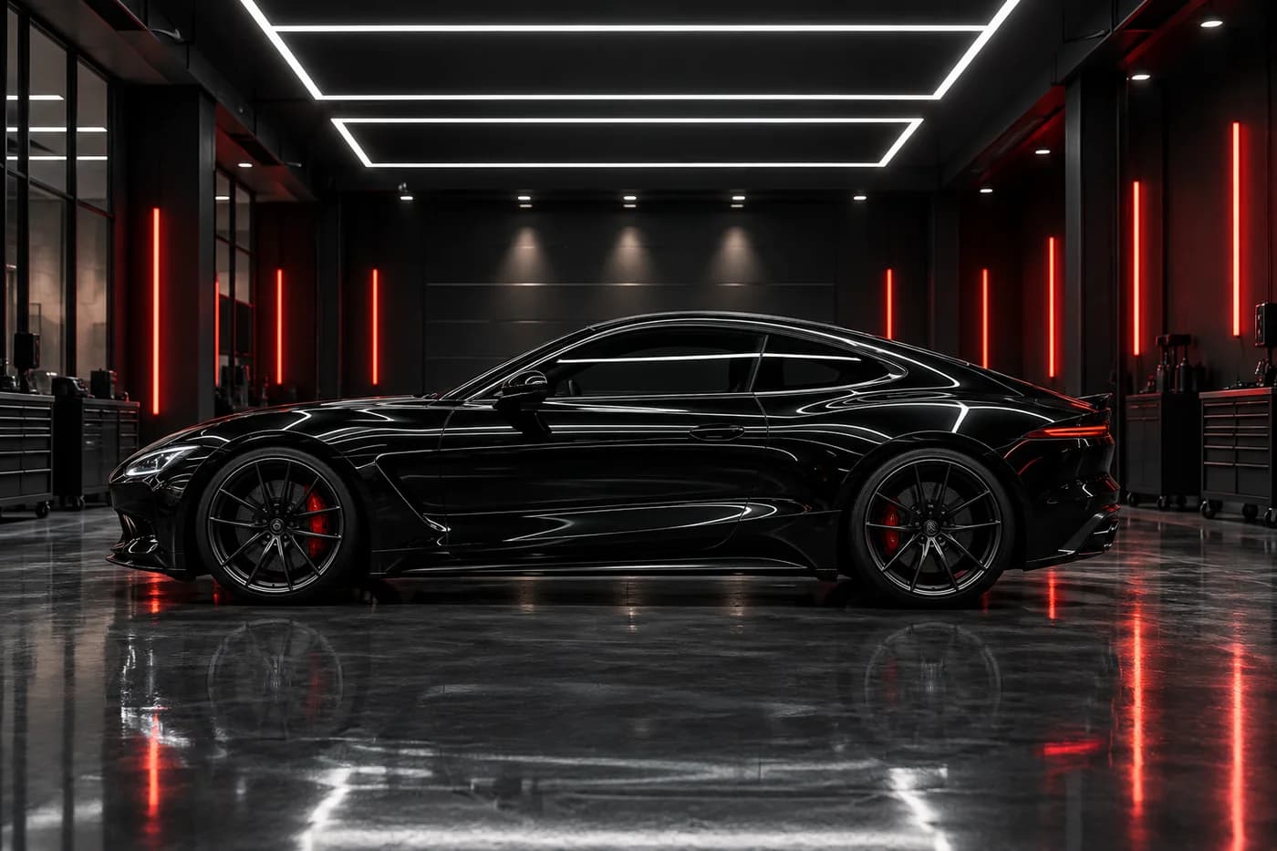 Illustrative detailing studio with white ceiling lights and a black sports coupe